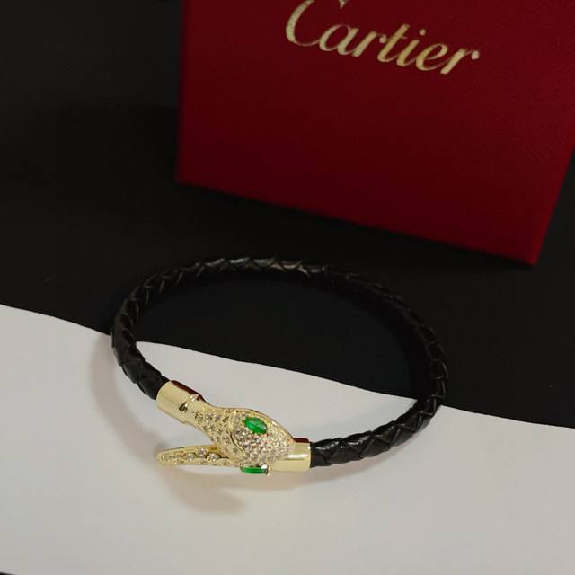 Cartier Panther Head Diamond-Encrusted Leather Cord Bangle, High-End Custom Vers