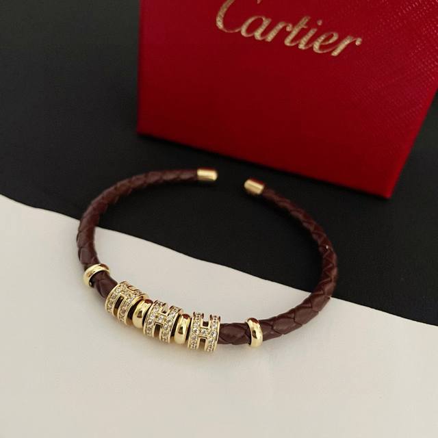 Cartier Diamond-Set Leather Cord Bangle, High-End Custom Version. Diamond settin