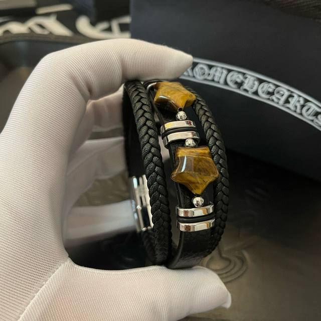 New boutique quality Chrome Hearts leather cord bracelet with embossed design an