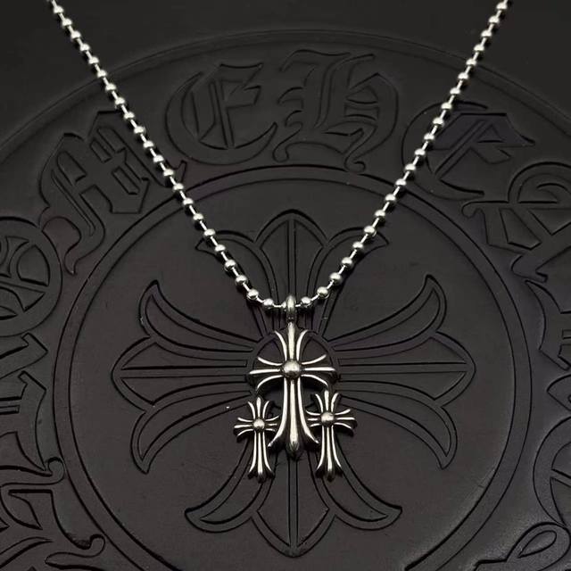 High-quality Chrome Hearts small three-cross pendant with beaded chain, size 50-