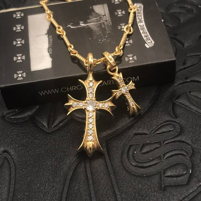 High-quality Chrome Hearts white diamond double cross necklace, thickly plated w