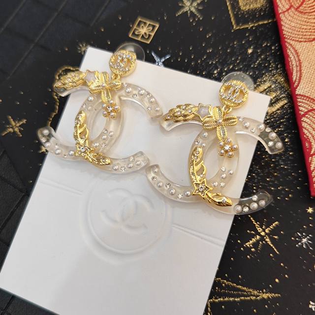 Chanel Transparent Crystal Pearl Camellia Letter Combination Earrings, Gold Flow
