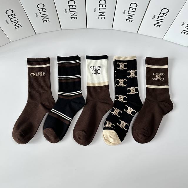 Special Packaging Celine New Classic Mid-Length Socks! Five pairs per box, same