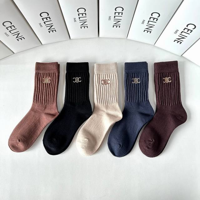Special Packaging Celine New Cashmere Embroidered Mid-Length Slouch Socks! Five