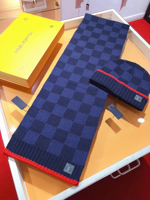 Rlv1955 Premium Set, LV Super Strong Thick Checkerboard Cashmere Scarf + Hat, Ex