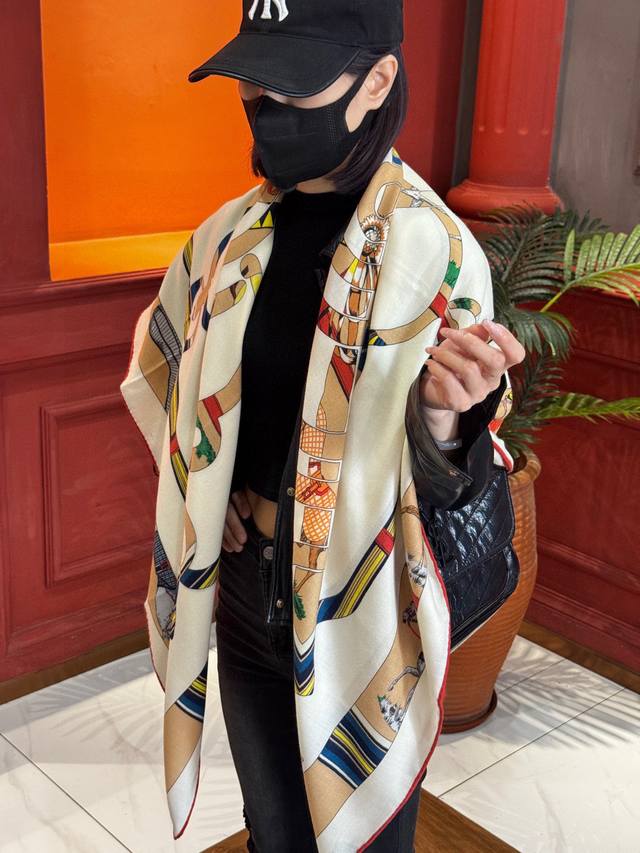 "Golden Spurs and Horse Overlay" Shawl, 140cm, Top-Grade Silk and Wool, Double-S