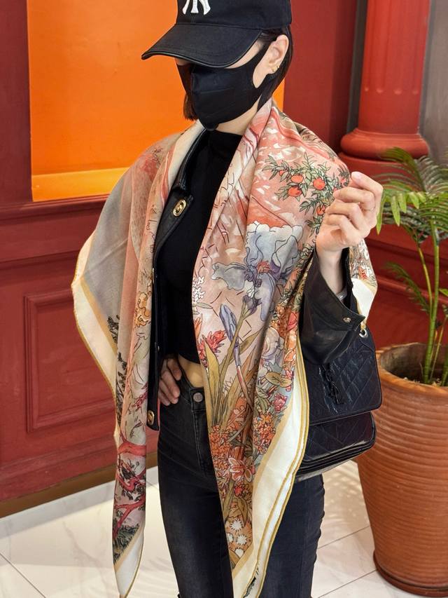 Double-sided Silk and Wool Shawl Lv Hand-rolled Hem Silk and Wool Square Scarf 3