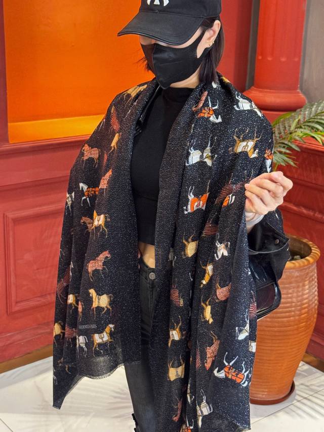 New Arrival! This shimmering, new silver-threaded cashmere long scarf is absolut