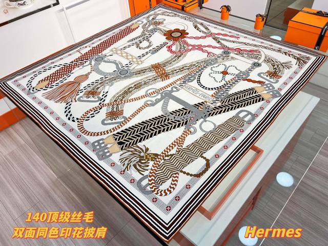 Woven Saddleband "140" Square Scarf ~ Hermes Hand-rolled Hem Silk and Wool Squar