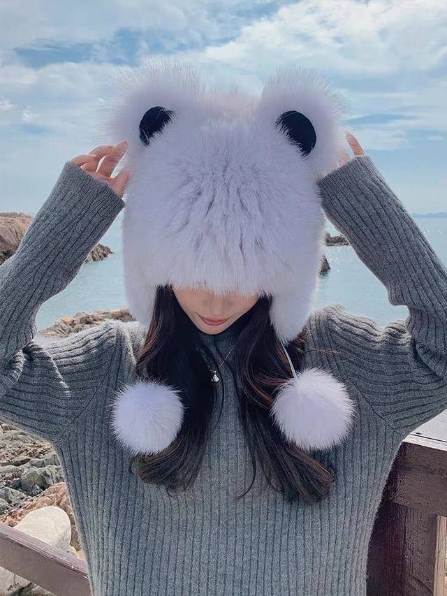 Dior Cute Panda Ears Fleece-Lined Thick Knitted Wool Hat, Warm and Cute, Earflap