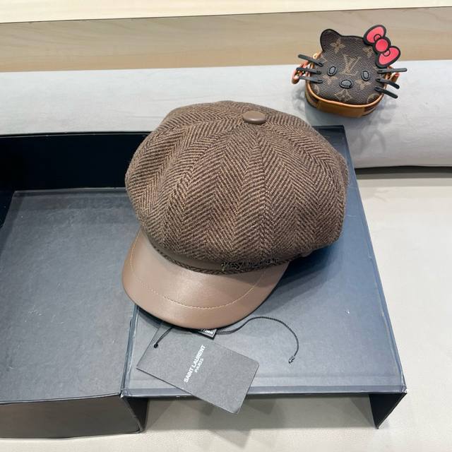 Saint Laurent PU Leather Brim Painter's Hat, Elegant Style, 3D Hat, Octagonal Ha