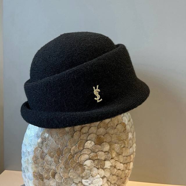 YSL Saint Laurent new wool rolled-brim bucket hat, irregular cut design, head ci