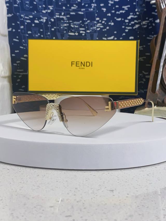 Fendi 2025 New Letter F Diamond-Studded Frameless Cat-Eye Sunglasses Retro Europ