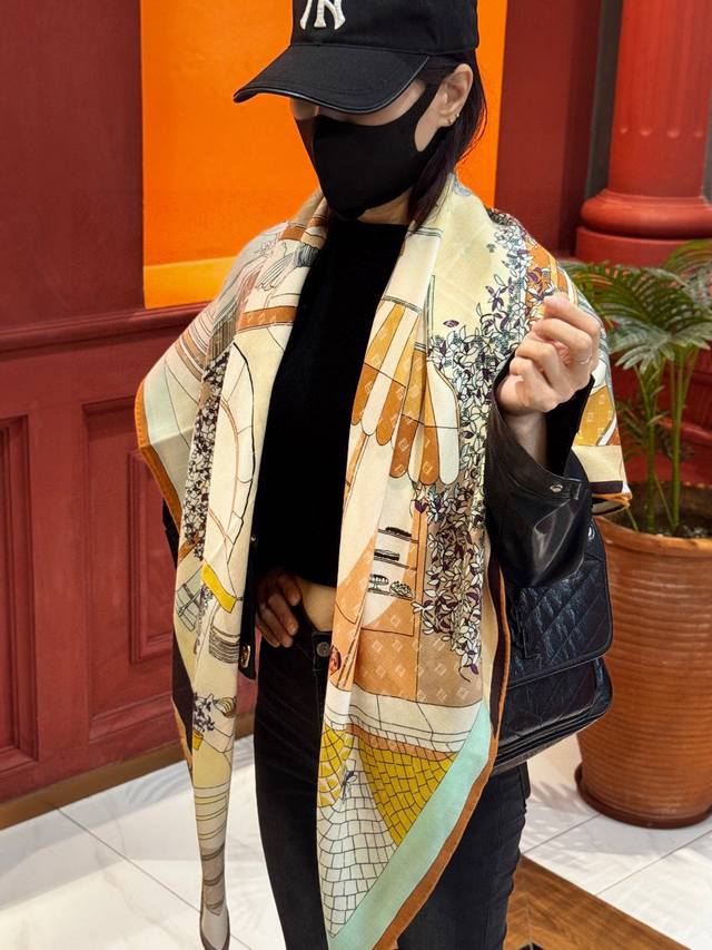 Fendi square scarf in velvet. Featuring a custom "Walking Around Rome" pattern i