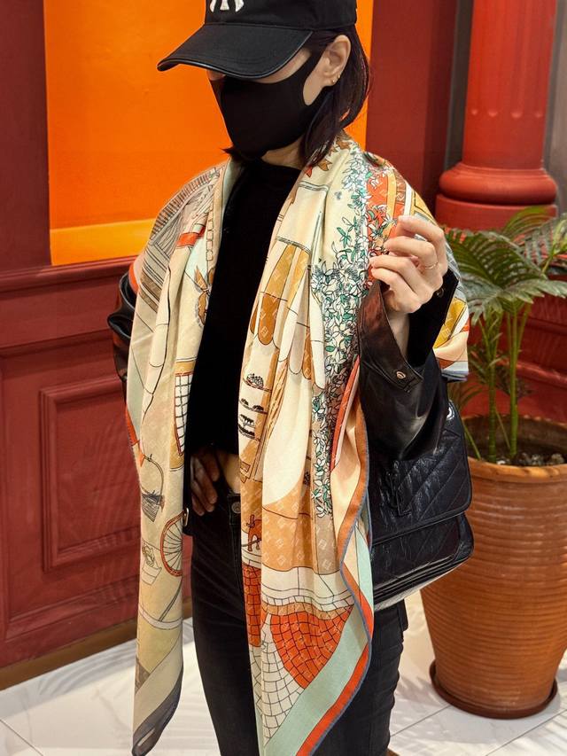 Fendi square scarf in velvet. Featuring a custom "Walking Around Rome" pattern i