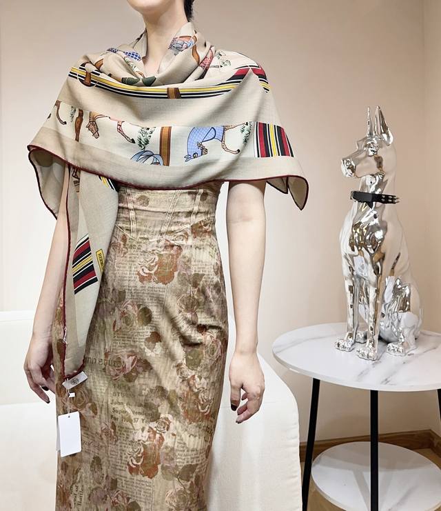 "Golden Spurs and Horse Overlay" Shawl 140 Top Grade Silk and Wool Double-Sided