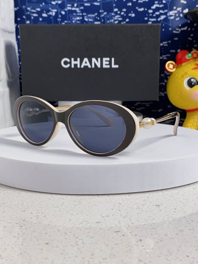 Chanel 2025 New Double Pearl Sunglasses Women's Retro High-End Black Oval Sungla