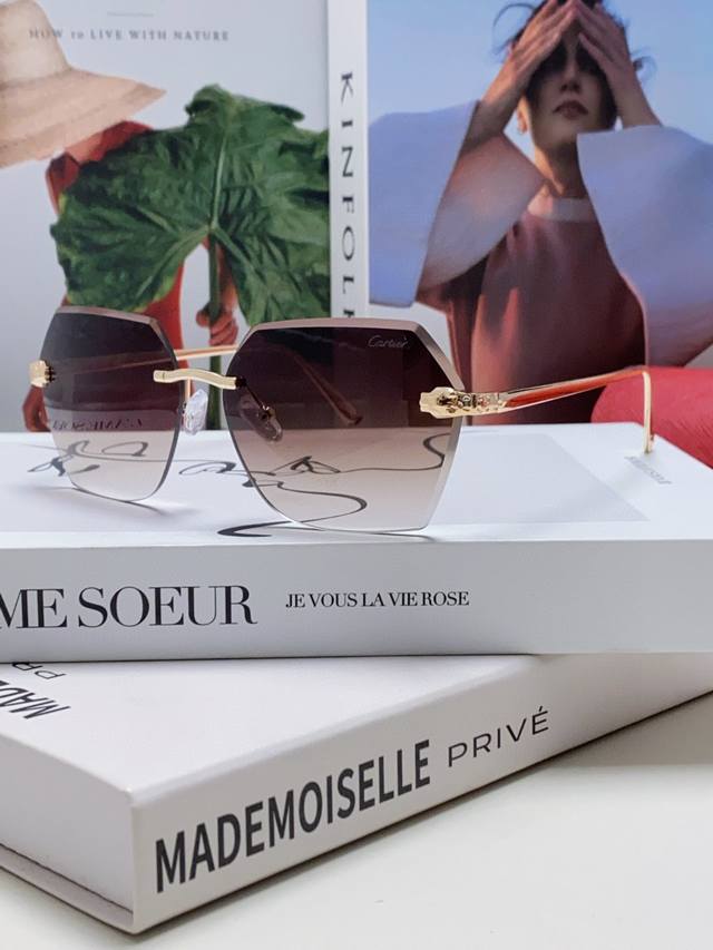 Cartier New Frameless Sunglasses for Women, Classic Panther Temples, Diamond-Cut