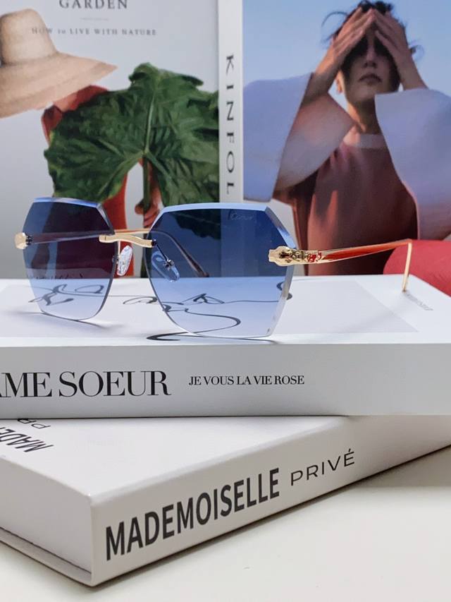 Cartier New Frameless Sunglasses for Women, Classic Panther Temples, Diamond-Cut