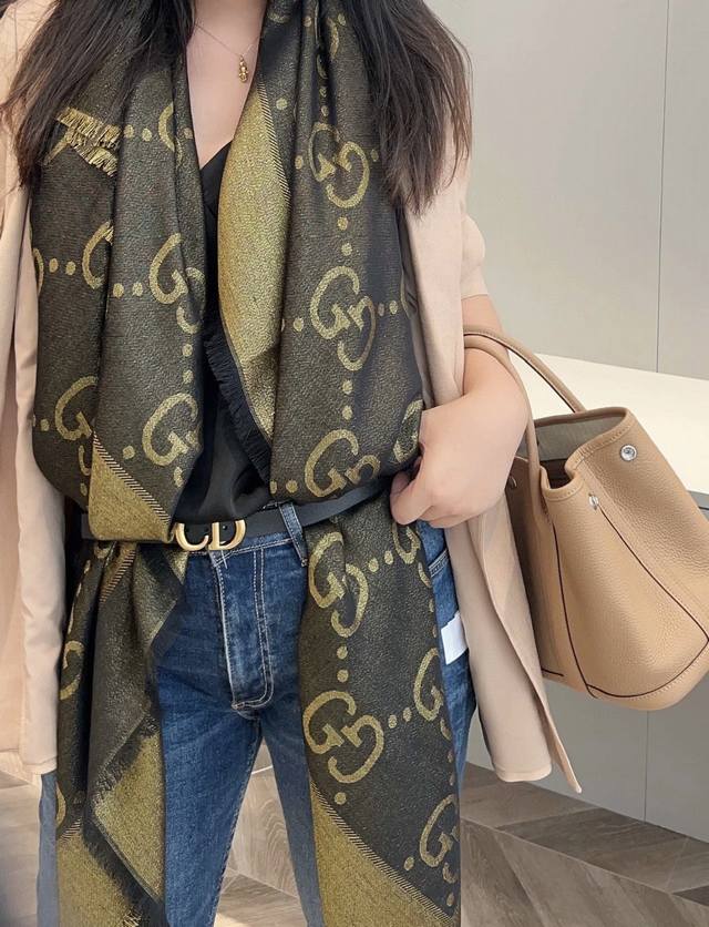 Gg Gold Thread Jacquard Shawl 140cm Square Scarf, extremely dazzling, a must-hav