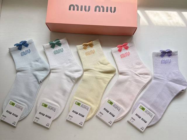 Special Offer: New Miumiu Women's Mid-Calf Socks, Box of 5 Pairs, Jacquard Class
