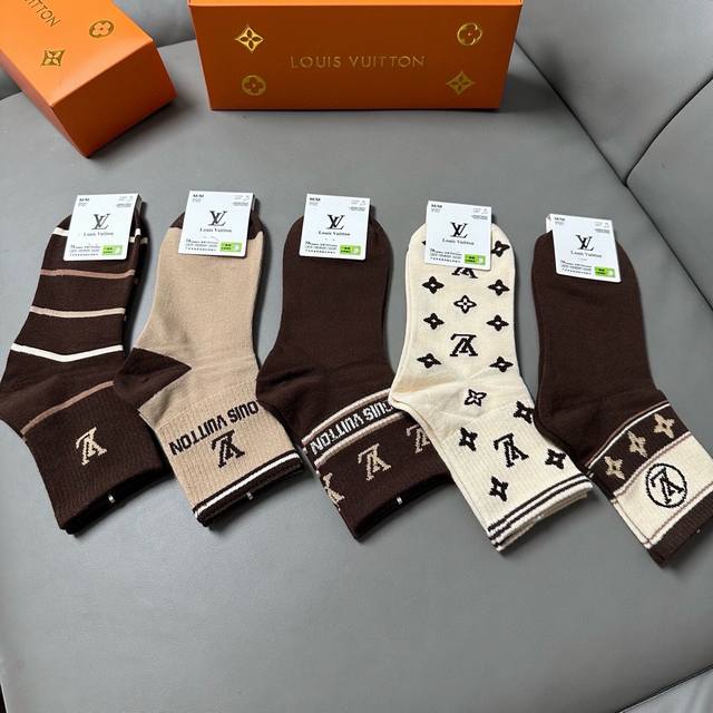 Louis Vuitton new women's mid-calf socks, box of five, made of pure cotton, soft