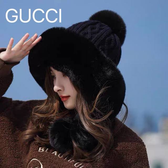 Gucci Winter Lei Feng Hat for Women, Korean Style, Trendy, Versatile, Cute Pom-P