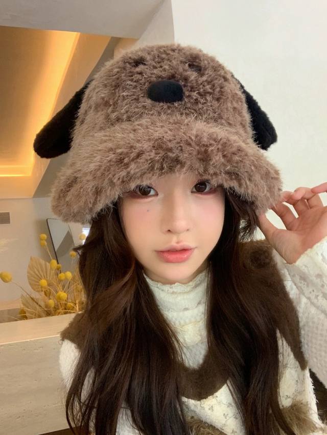 Balenciaga Cute Puppy Ear Plush Fisherman Hat for Women, Winter Korean Style, Fa