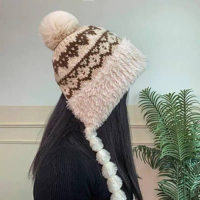 Prada plush knitted braided ear flap Lei Feng hat for women, autumn and winter t