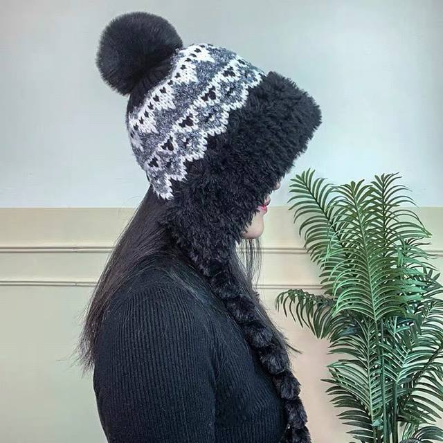 Prada plush knitted braided ear flap Lei Feng hat for women, autumn and winter t