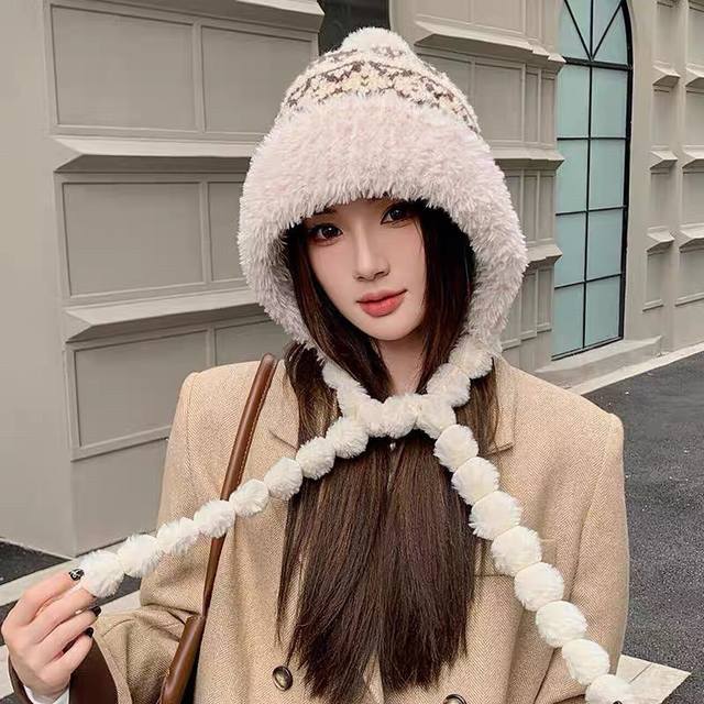 Prada plush knitted braided ear flap Lei Feng hat for women, autumn and winter t