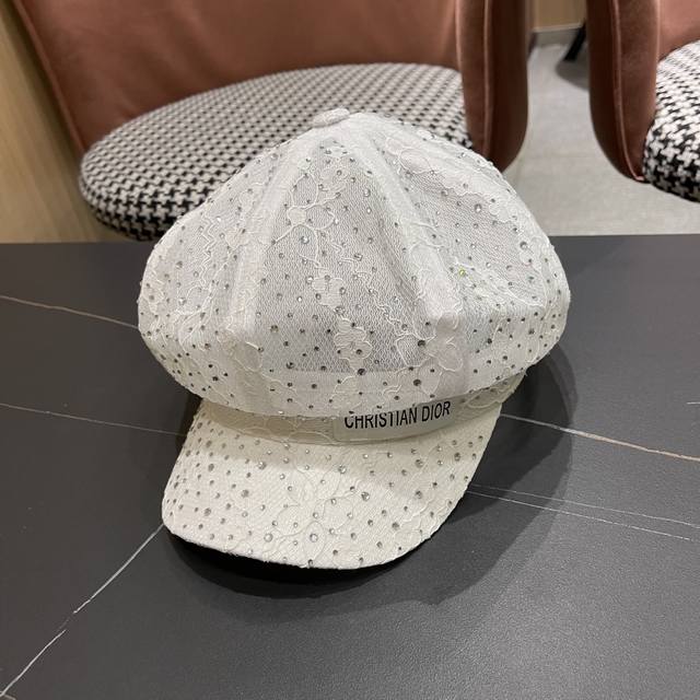 Dior Korean Style Heavy Rhinestone Lace Octagonal Hat for Women, Spring/Summer F
