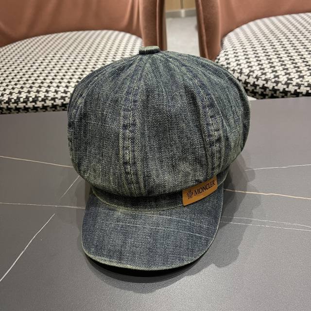 Moncler 2025 New Korean Retro Washed Denim Beret Women's British Style Octagonal