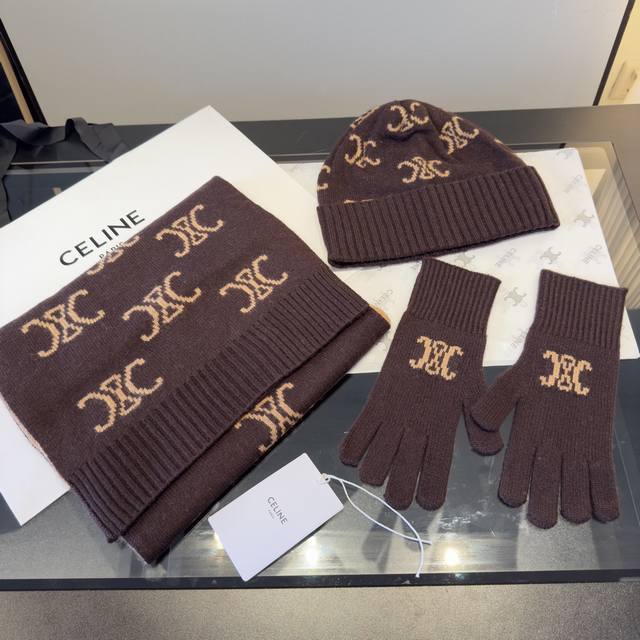Celine 3-Piece Fall/Winter Set with Turn-Up Brim Wool Knit Hat - High-Quality Cu