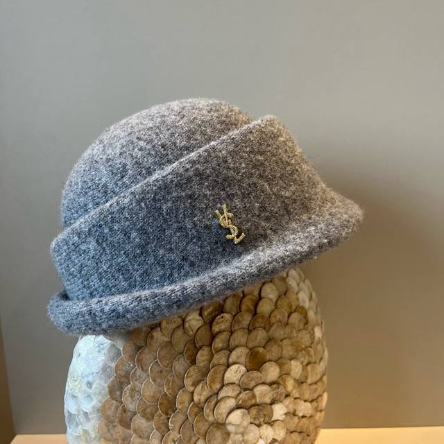 YSL Saint Laurent new wool rolled-brim bucket hat, irregular cut design, head ci