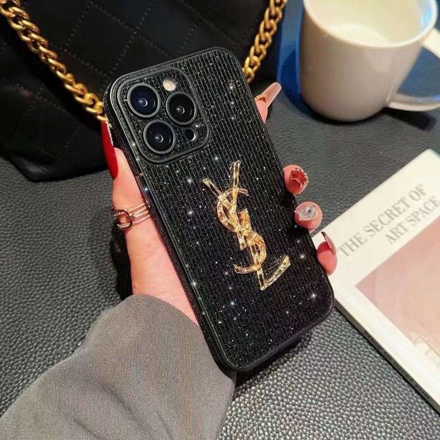 Saint Laurent YSL Phone Case, Rhinestone Spray Paint Style, Side Sticker, Fine H