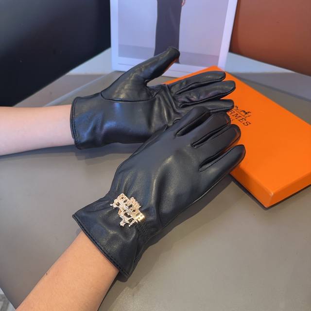 Hermes lambskin gloves, stylish gloves, warm and fleece-lined for autumn and win