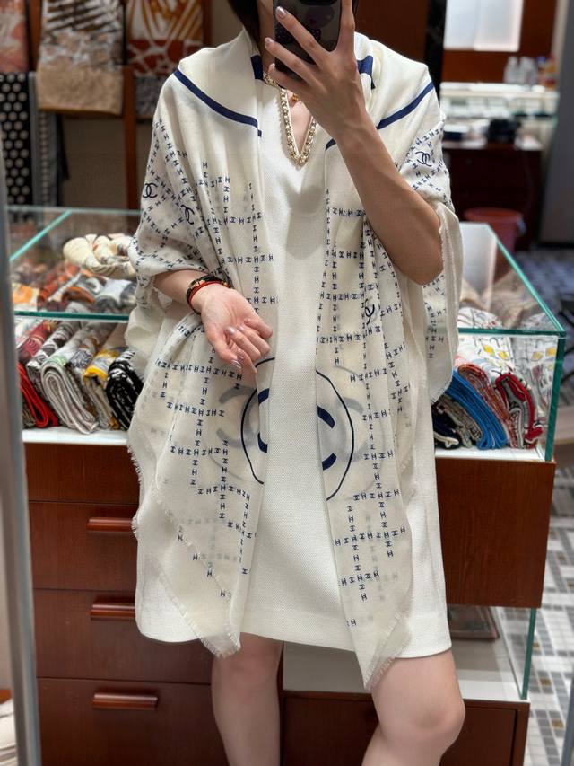 New Chanel Double C Logo Mesh Square Scarf 140cm, Fringed Cashmere Square Scarf,