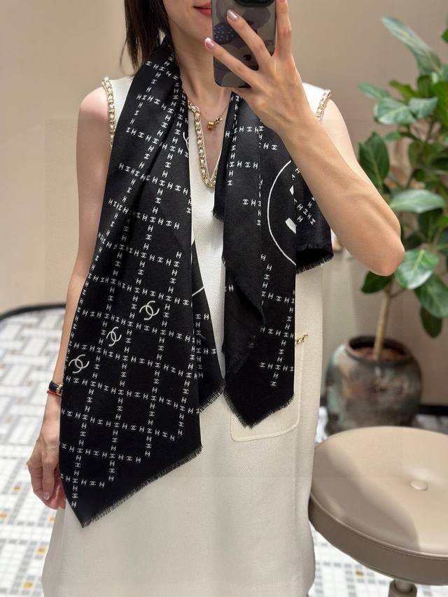 New Chanel Double C Logo Mesh Square Scarf 140cm, Fringed Cashmere Square Scarf,