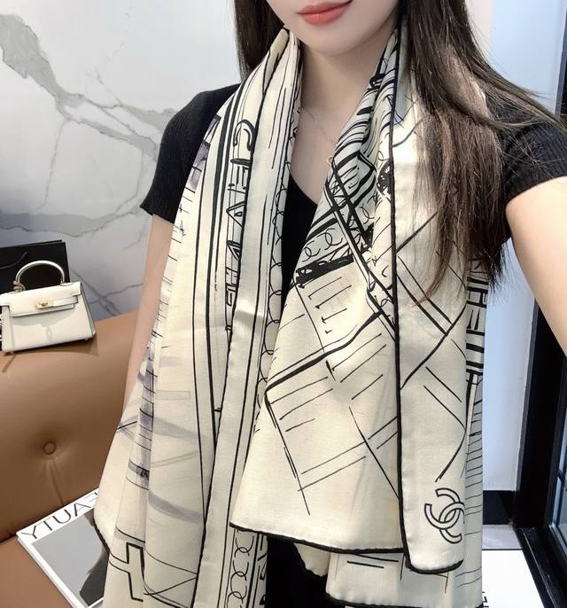 Chanel New Arrival! A Chanel scarf with a touch of pink, classic camellia and el