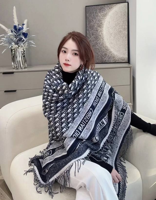 Top-tier Dior Chanel Jacquard Logo Print Large Square Scarf, Shawl, Blanket - 3-