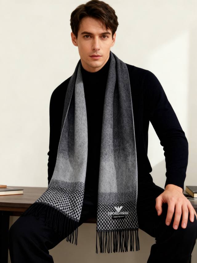 Armani's latest striped color-blocked men's lamb wool scarf is now available at