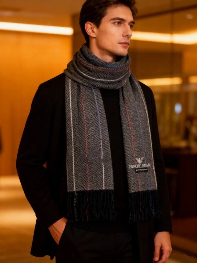 Armani's latest striped color-blocked men's lamb wool scarf is now available at