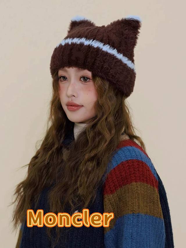 Moncler Sweet and Cute Cat Ear Plush Hat for Women, New Winter Style, Warm, Ear