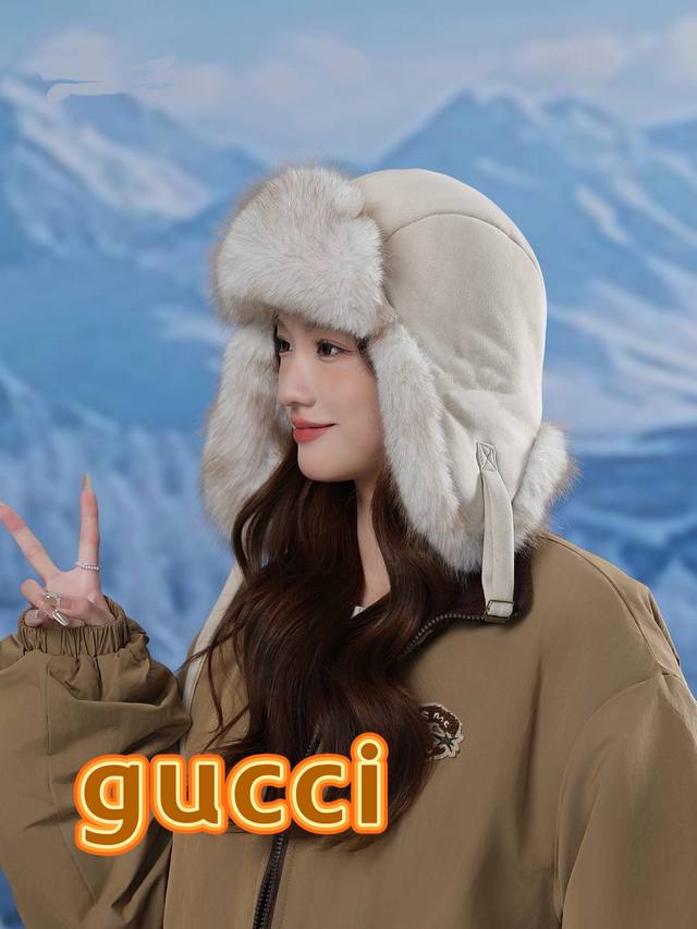 Gucci women's hat, autumn and winter, fleece-lined, thick, warm, ear-protecting,