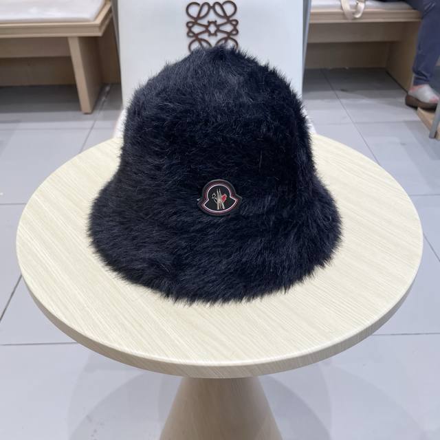 Moncler Soft and Dense Long Hair Fisherman's Hat for Women, Warm Solid Color Buc