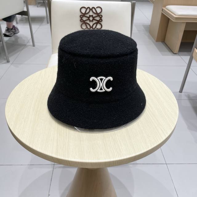 Celine solid color wool bucket hat, autumn and winter women's hat, face-slimming