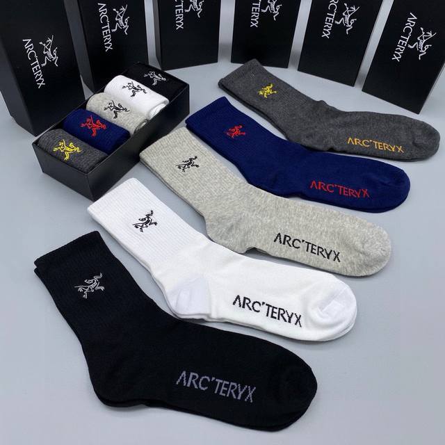 Five pairs of Arc'teryx high-quality, super popular trending socks, featuring Ar