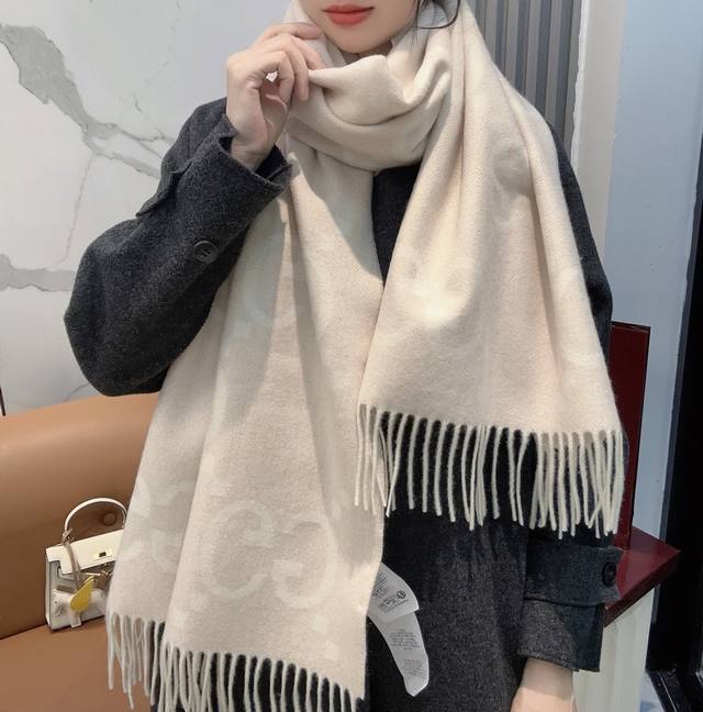 Gold Thread & Gold Silk Goods: Gucci New Large G Double-Sided Cashmere Scarf (Dd