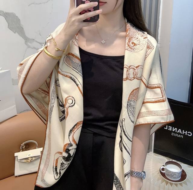 Hermes "A Poetic Retrospective of Equestrian Tack" 140 Shawl New Arrival in Thre